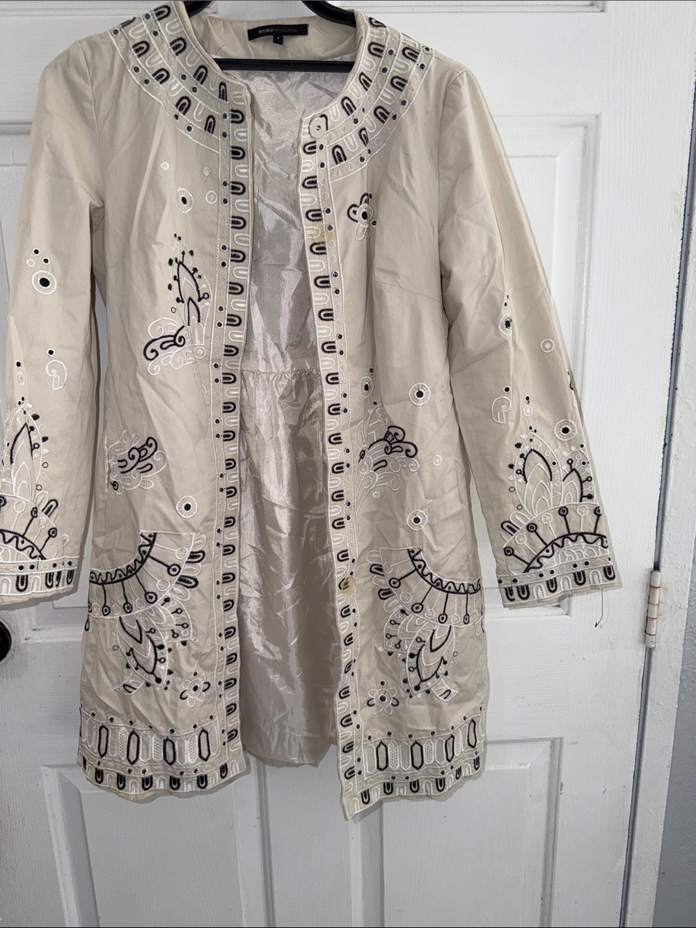 BCBGMaxAzria Cream Embellished Trench Coat with Black Detail